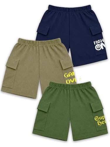 Image of Kuchipoo Boys Cotton Cargo Shorts | Elastic Waistband | Double Pocket Shorts | Summer Casual Wear for Kids- Pack of 3