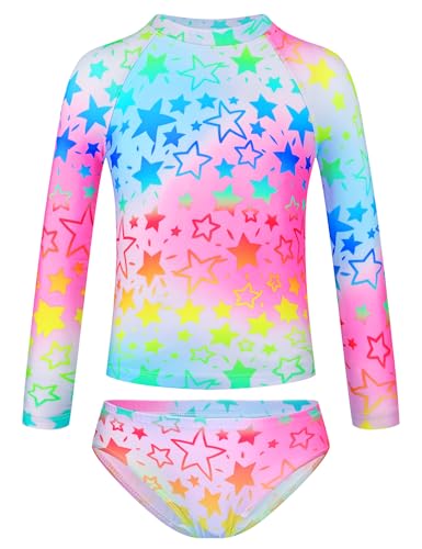 Image of TENVDA Girls Swimsuit Long Sleeve Rash Guard Sets UPF 50+ Two Piece Bathing Suits Size 3-12 Years