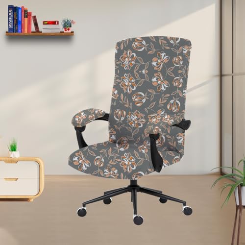 Image of Eleganta Stretchable Elastic Boss Office Chair Cover with Handle Covers, Polyester Spandex, Grey Flower (Pack of 1)