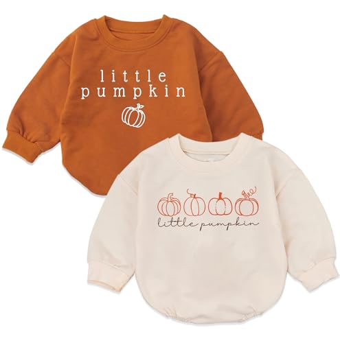 Image of 2PC Little Pumpkin Baby Romper, Infant Halloween Ghost Outfit, Fall Baby Girl Boy Bodysuit, Long Sleeve Autumn Clothes
