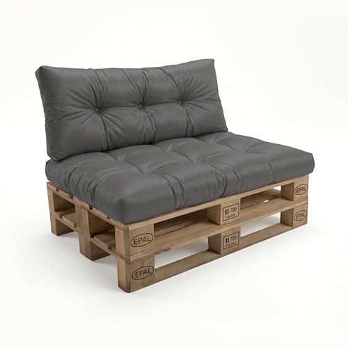 POKAR Set de 2 Cojines para Palets Impermeable | Asiento 120x80 + Respaldo 120x40 para Sofá de Jardín | Cojines Acolchados para Palé | Interior y Exterior | Oeko-Tex | Fabricado en UE | Antracita