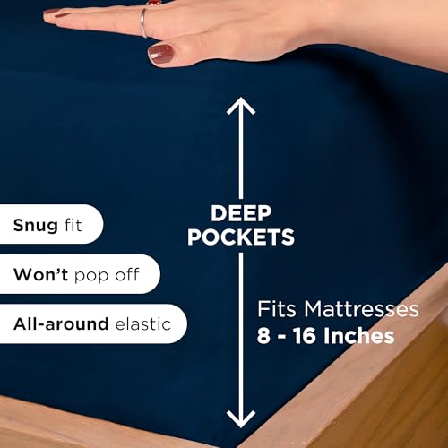 Image of ROYALE LINENS 3 Piece Twin Sheets Set - Soft Brushed 1800 Microfiber Bedding - 1 Fitted and 1 Flat Sheet, 1 Pillow case - Wrinkle Free & Fade Resistant - Hotel Luxury Bed Sheets Set (Navy, Twin)