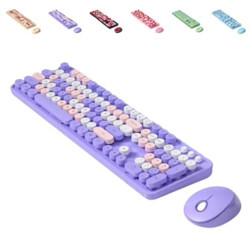 TAKEYワイヤレスキーボードとマウスの組み合わせ、丸いボタンの女の子向けコンピュータオフィス用高価値キーボードとマウスセット、カラフルでかわいいレトロキーボード、 (紫の混合色)