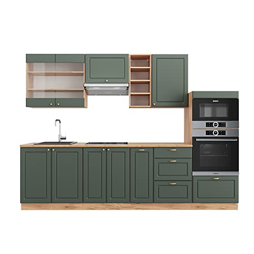 Vicco Küchenzeile Fame-Line, Grün-Gold Landhaus/Goldkraft Eiche, 280 cm ohne Arbeitsplatte, zur individuellen Erweiterung mit kompatiblen Modulen