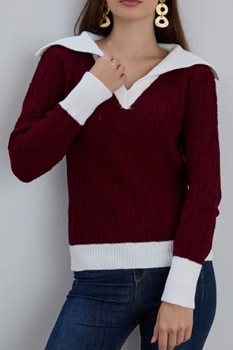 Image of Sweaters for Women Fashion Long Sleeve Lapel Collar V Neck Casual Knit Color Block Pullover Sweater