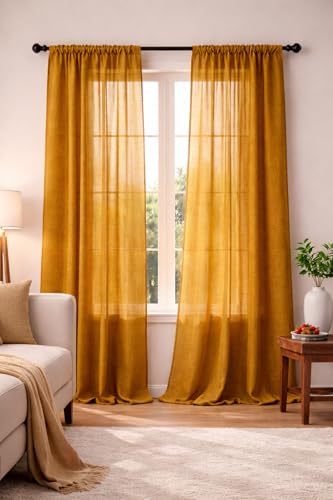 Image of THE LINEN COMPANY Cotton Linen Extra Long Sheer Door Curtains, Breathable Semi Transparent Drapes with Rod Pocket, Soft Light Filtering Privacy Curtain for Home Decor, Mustard, 9 Feet, Pack of 2