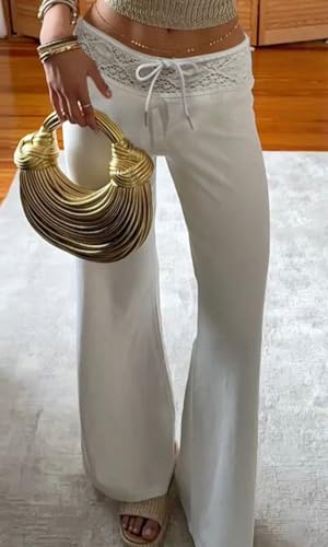 Women Summer Crochet Knit Pants Y2k Low Waist Drawstring Cover Up Pant Sexy Wide Leg Stretchy Hollow Out Beach Pants3