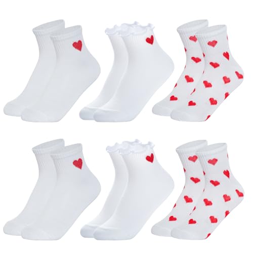 Image of phnydreg 6 Pairs Heart Pattern Ankle Socks Red Heart Ruffle Quarter Socks for Women Girls