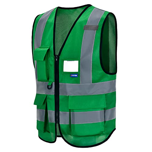 Image of green work vest | Green XL work vest with reflective strips, mic tabs and 7 pockets for property inspection and forestry; 21 color options.