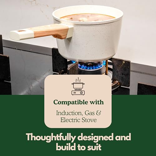 Image of Kreme Ceracook Ceramic Coated Granite Sauce Pan 1.8L /24cm with Glass Lid, ISI Certified Sauce Pot, Forged Aluminium, Gas & Induction Use, Non Toxic Tea, Chai PFAS & PTFE Free, 1 Yr Warranty, Ivory