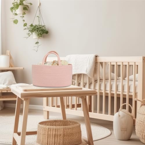 Image of Diaper Caddy Organizer Cotton Rope Baby Basket Nursery Storage and Portable Tote Bag for Car Ideal Baby Shower Gifts and Registry Must-Have for Newborn Essentials coral pink