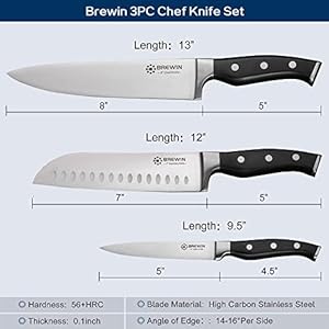 Brewin Professional Kitchen Knives, 3PC Chef Knife Set Sharp Knives for Kitchen High Carbon Stainless Steel, Japanese Cooking Knife with Gift Box Brewin Professional Kitchen Knives 3PC Chef Knife Set Sharp Knives for Kitchen High Carbon Stainless Steel Japanese Cooking Knife with Gift Box