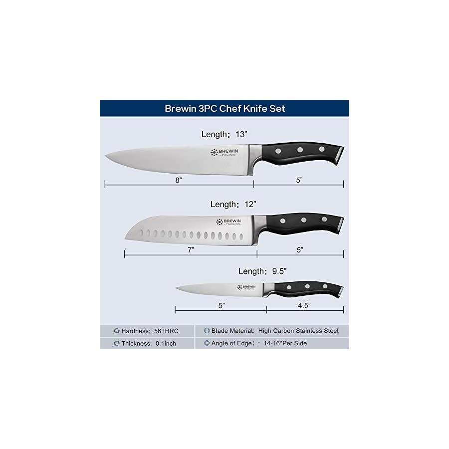 Brewin Professional Kitchen Knives, 3PC Chef Knife Set Sharp Knives for Kitchen High Carbon Stainless Steel, Japanese Cooking Knife with Gift Box
