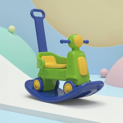 Image of Amazon Brand - Jam & Honey 3-in-1 Toddler Ride-On Scooter & Rocker with Parental Handle | 18+ Months | Detachable Balance Board | Wide Stable Wheels | BIS Certified | Green & Blue