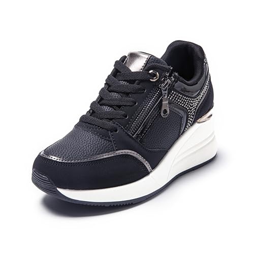 JOMIX Basket Femme avec Fermeture Éclair Chaussure de Marche Compensé Sneakers Casual Légère et Confortable (Noir, 39)