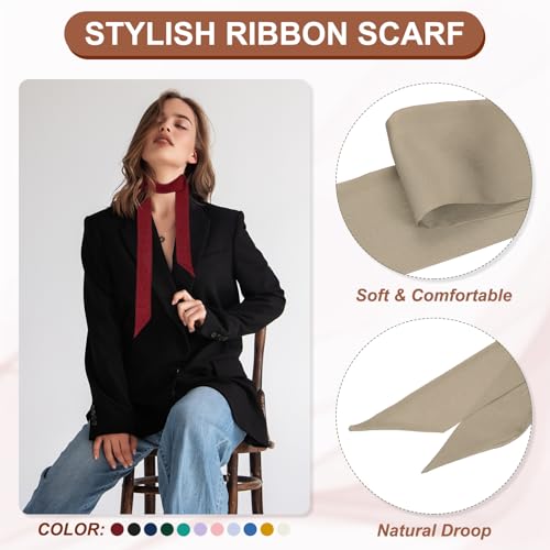 PATIKIL Stylish Ribbon Scarf, Solid Color Skinny Scarf Pure Long Neckerchief Silk Necktie Belts Sash Hair Scarves Headband Ribbon Tie for Women, Dark Khaki3