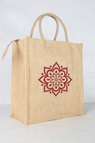 Image of Soman Jute Ecofriendly Return Gift Bags Rangoli printed with Zip Natural Pack of 10 Bags