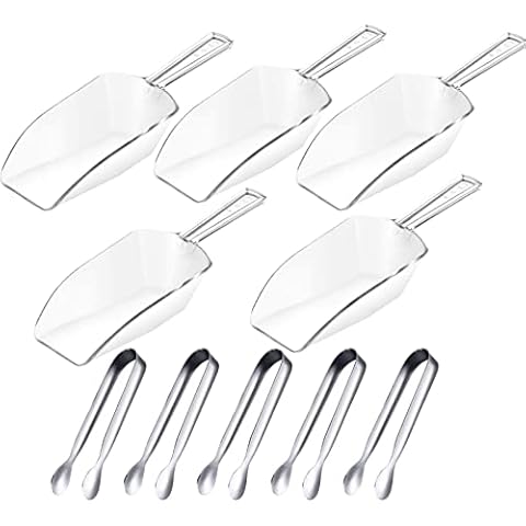 5Pcs Ice Tongs and 5Pcs Plastic Measuring Scoops, Serving Tongs Food Scoops Set for Sweet Candy Coffee Ice Bucket Bar Kitchen Wedding Birthday Party Cover