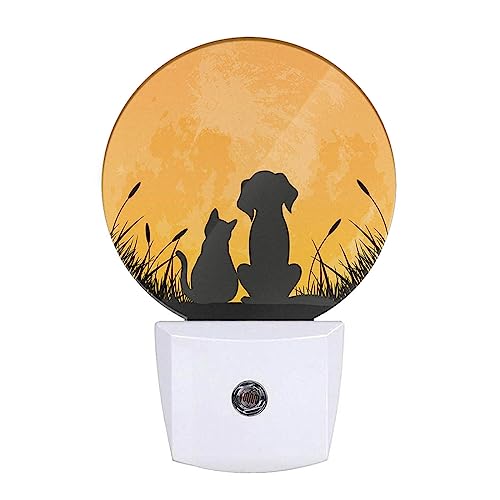 Image of Best Friends Night Light Cute Dog and Cat on The Moon Night Lights Plug into Wall 0.5W LED Lighting Auto on /Off for Hallway Stairway Kitchen Home Decor