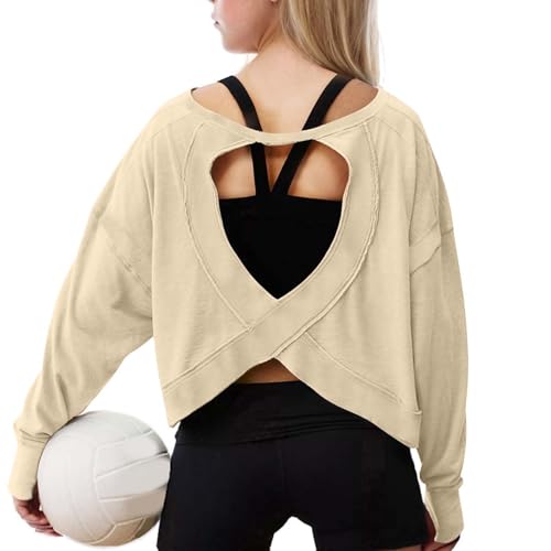 Cute Crop Tops for Girls Open Back Shirt Long Sleeve Backless Tshirt with Thumbhole Plain Fashion Heart Hollow Tee3