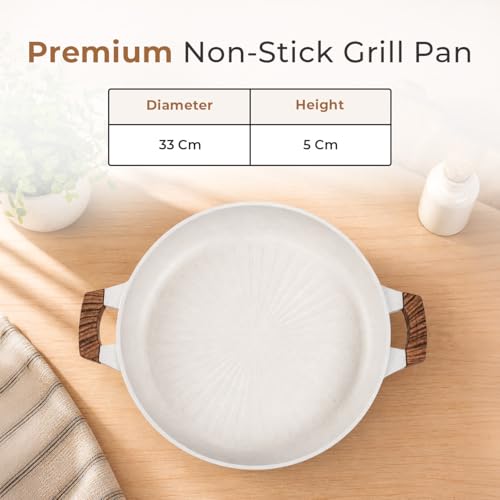 Image of HomeEssentials Non-Stick Grill Pan- 33cm Volcanic Rock Stone-Derived Griddle Pan with Heat-Resistant Wood-Grain Handles -for Kitchen, Non-Toxic, Chemical & PFOA Free, Gas Stove Induction Compatible