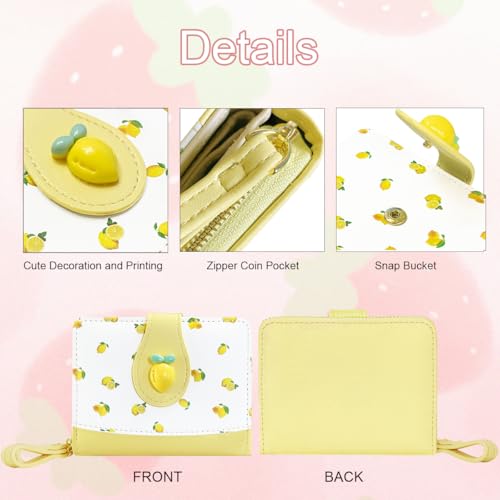 Image of Cute Print Wallet Blueberry Strawberry Cherry Wallet with Credit Card Slot Zipper Coin Pocket for Women Girls (LEMON)