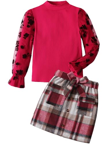 Image of Toddler Girl Clothes Girls Outfits Flare-lace Sleeve Top and Plaid Skirt Dress Fall Winter 2Pcs Girls Clothes 5-12T