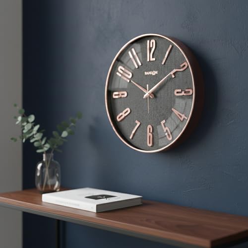 Image of RANDOM Sweep Silent Wall Clock, Non-Ticking Quartz Movement with 3D Foiling Numbers. (Rose Gold and Grey)
