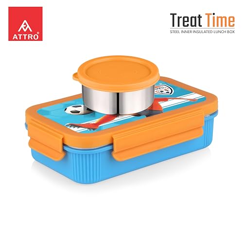 Image of ATTRO Treat Time Stainless Steel Insulated Lunch Box with Inner Steel Body, Airtight 4-Side Lock Lid, Leakproof Silicone Seal, Small Container-560ml+150ml-Football Champ Blue