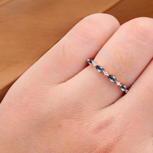 Unique Marquise Alexandrite Wedding Band, Full Eternity Rose Gold Moissanite Wedding Jewelry, Straight Row Custom Bridal Stacking for Women - Vintage Dainty Promise, Birthday Gift, Stackable Jewelry3