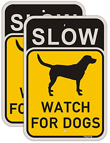2 Pack Slow Watch For Dogs Sign 18 x 12 Inches Slow Down Dogs at Play Signs Metal Reflective Rust Aluminum Weatherproof UV Protected Easy Mounting Indoor Outdoor Use