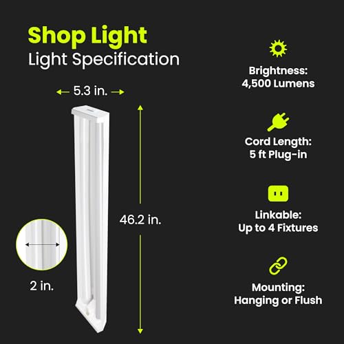 Feit Electric 4ft LED Dual Lamp Shop Light, 4500 Lumens, 4000K Cool White, Flush/Hanging Mount, Ideal for Garages & Workshops, 45W LED Garage & Workshop Lighting, 50,000 Hour Lifespan, SHOP/4X2/840/V1