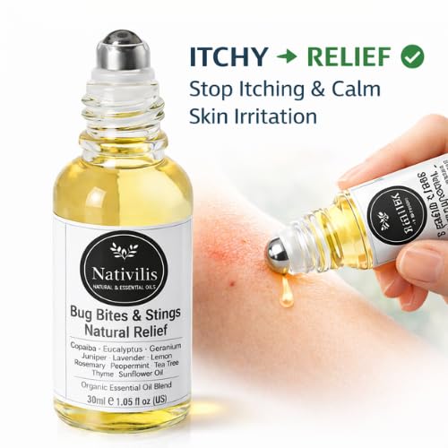Nativilis Natural Relief for bug bites stings mosquito nettle fleas - Organic Essential Oil Formula - Roll on ball Stainless Steel Ideal Capacity 30ml Daily Use Travel Easy to carry in your purse/bag