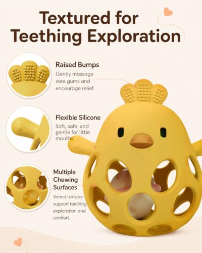 Image of Tinabless 2-in-1 Baby Teether Rattle Toy, Easy Grip Silicone Teething Toy for Babies 3-12 Months, BPA-Free Sensory Chew Toy for Sore Gums, Infant Shower Gift (Yellow w /Rattle)