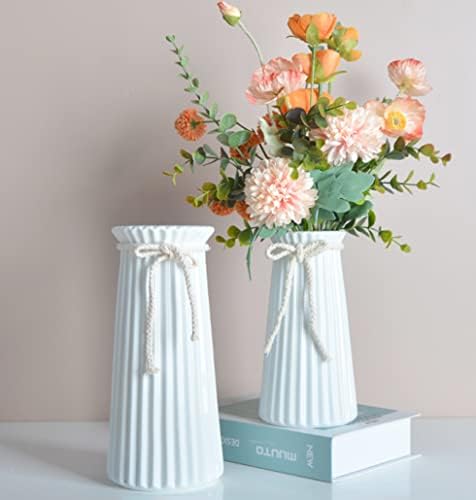 White Ceramic Ribbed Vases for Minimalist Modern Home Decor, Decorative Flowers Vase for Wedding Dinner Table Office Bedroom - 9.5 Inch / 25 CM