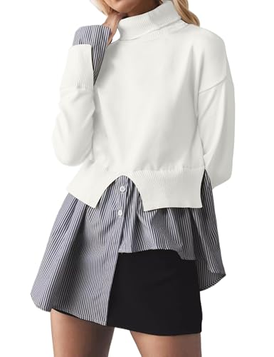 Image of Women Asymmetrical Patchwork Sweaters Slit Turtleneck Pullover Sweater Dress 2 in 1 Sweater Shirt Tunic Sweater Tops