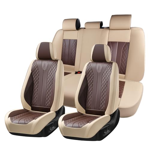 Image of FLORICH Front and Back Seat Covers for Cars Leather Car Seat Cover Full Set 5 Seats Waterproof Seat Protector Automotive Seat Covers Carseat Cover Universal Fit for Most Cars SUV Trucks, Beige&Coffee