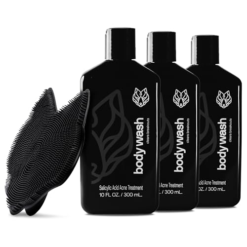 Black Wolf Skincare with Scrubber Gift Set for Men, Body Acne System - Shower Set with 10 Fl Oz, 3 Pack Charcoal Powder & Salicylic Acid for All Skin Types - Rich Lather for Coverage & Deep Clean
