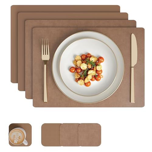 Image of Encasa XO Leather Dining Table Mat Set of 4 + 4 Coasters, 42x30 & 9 cm | Water & Heat Resistant Double-Layer Dining Table Mats with Suede Top | Wipeable & Durable Taupe Placemats for Dining Table