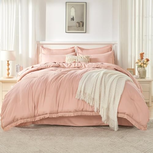 Image of Andency Oversized King Comforter Set with Sheets 120x120 Pink - 7 Pieces Boho Tassel Bed in a Bag Soft Lightweight Bedding Sets, Fringe Bed Set with Comforter, Sheets, Pillowcases & Shams