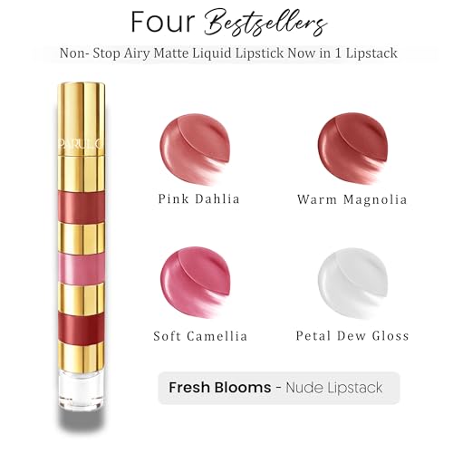 Image of Parul Garg Beauty Fresh Bloom 4-in-1 Nude Shades Liquid Lipstick Stack with Gloss | Matte, Transfer-Proof, Lightweight | Travel Friendly Stackable Lipsticks for Women | Made for Indian Skin Tones