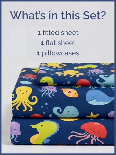 Image of Kids Twin Sea Creatures Bed Sheets - 3 Piece Kids Sea Creatures Sheet Set | Sea Creatures Themed Bedding, Ultra-Soft, Cute & Cozy, Breathable & Machine Washable, Bed Set for Boys, Girls & Teens, Comfy