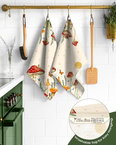 Image of Miss Adola 150GSM Flour Sack Kitchen Towels Set of 2, Mushroom Moon | 18 inchx26 inch, Lightweight, Lint-Free, Pure Cotton, Decorative, with Hanging Loop, Absorbent, Softer after Wash, Giftable Package