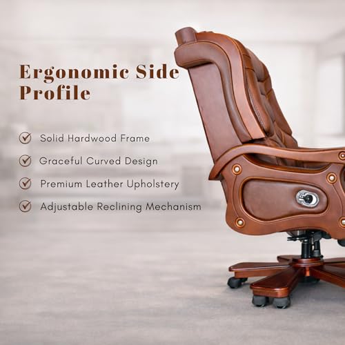 Image of Lakdi The Furniture High-Back Pure Leather Office Chair with Handcrafted Royal Look and Teak Wood Structure & Height Adjustable and Wooden Base Revolving Chair Office Work - 111011351 PL