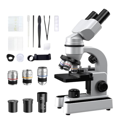 Binokular Mikroskop für Erwachsene, 40X-1600X Vergrößerung mit dualer LED-Beleuchtung, Biologisches Bildungsmikroskop mit Vollständigem Starter Kit mit 25+ Zubehörteilen