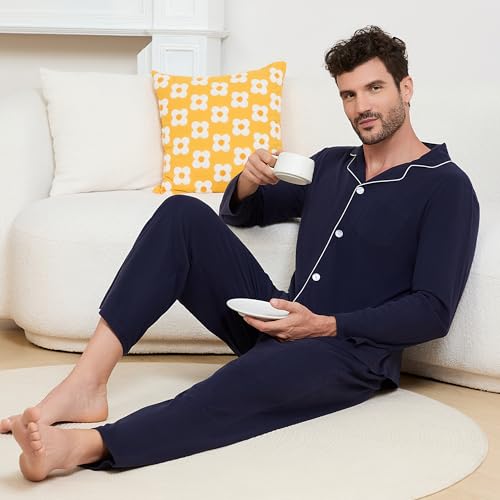 Vulcanodon Mens Button Down Pajama Set, Soft Classic Lapel Sleepwear Flannel Long Sleeve Pajama Set for Men4