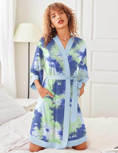 Image of Ekouaer Robes for Women Knee Length Bathrobe Lightweight Kimono Robe 3 /4 Sleeve Knit Sleepwear with Pockets