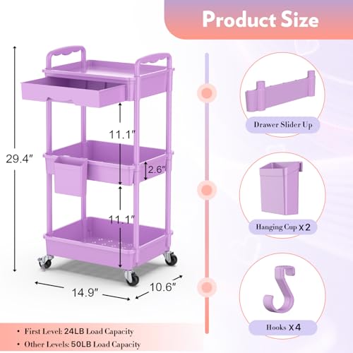 Image of SUNALLY Makeup Cart Organizer with Drawer,3 Tier Rolling Makeup Cart,Purple