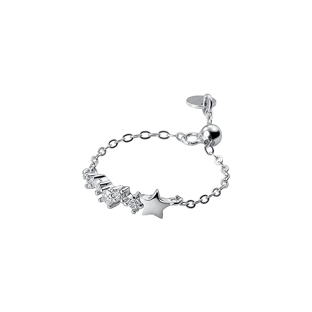 KokomaMini Star CZ Statement Rings Sterling Silver 925 for Women Girls Adjustable with Dangle Coin Dainty Crystal Link Chain Tail Finger Band Promise Engagement Eternity Ring Birthday Xmas BFF