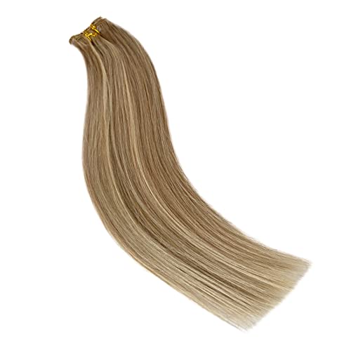 Image of Balayage Blonde Clip in Hair Extensions Real Human Hair 14 Inch 5pcs /70g Walnut Brown to Ash Brown Mixed Platinum Blonde Remy Human Hair Extensions Silky Straight Double Weft Clip in Extensions